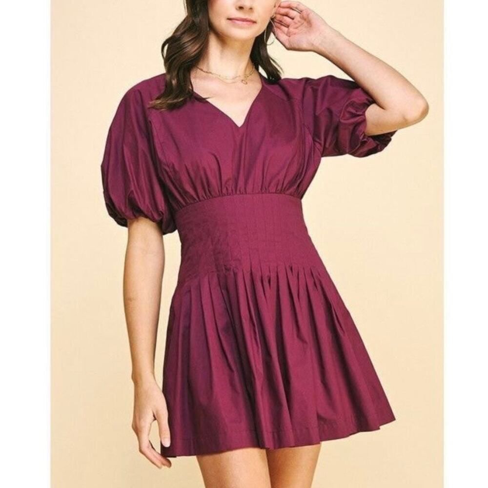 New Pinch Purple Emery‎ Puff Sleeve Pleated Skirt Mini Dress Medium